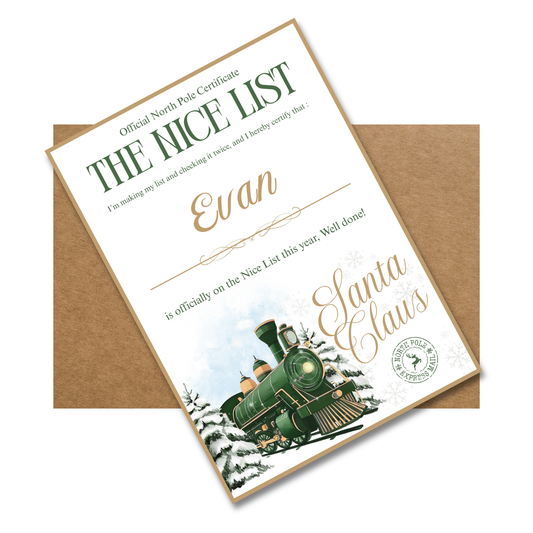 Santa's Nice List Certificate Green - with envelope