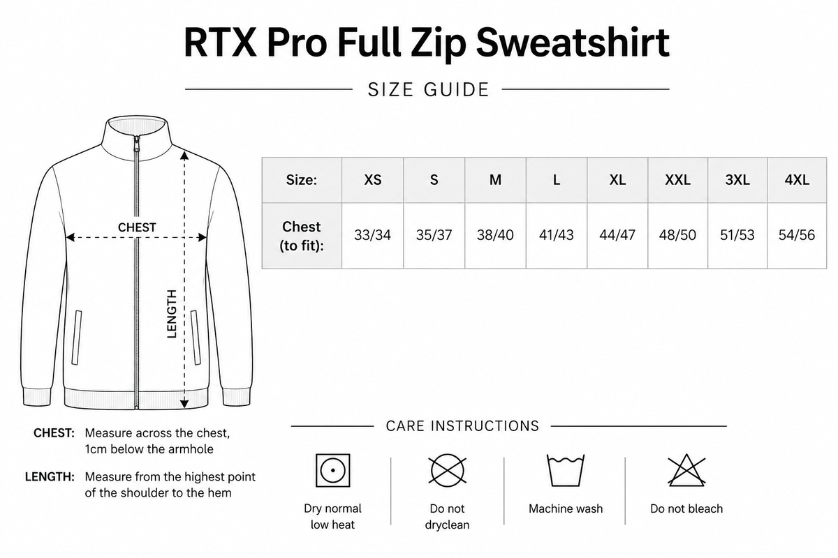 Size guide for RTX Pro Full Zip Sweatshirt