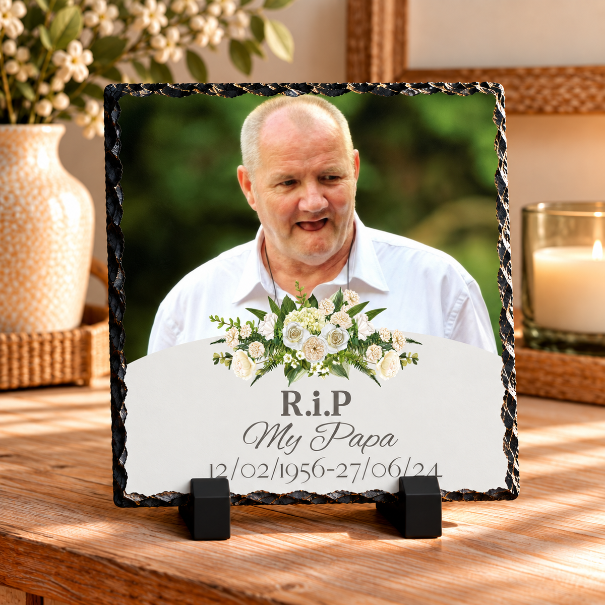 Personalised Memorial Photo Slate – Floral RIP Tribute with Custom Wording – 20 × 20 cm