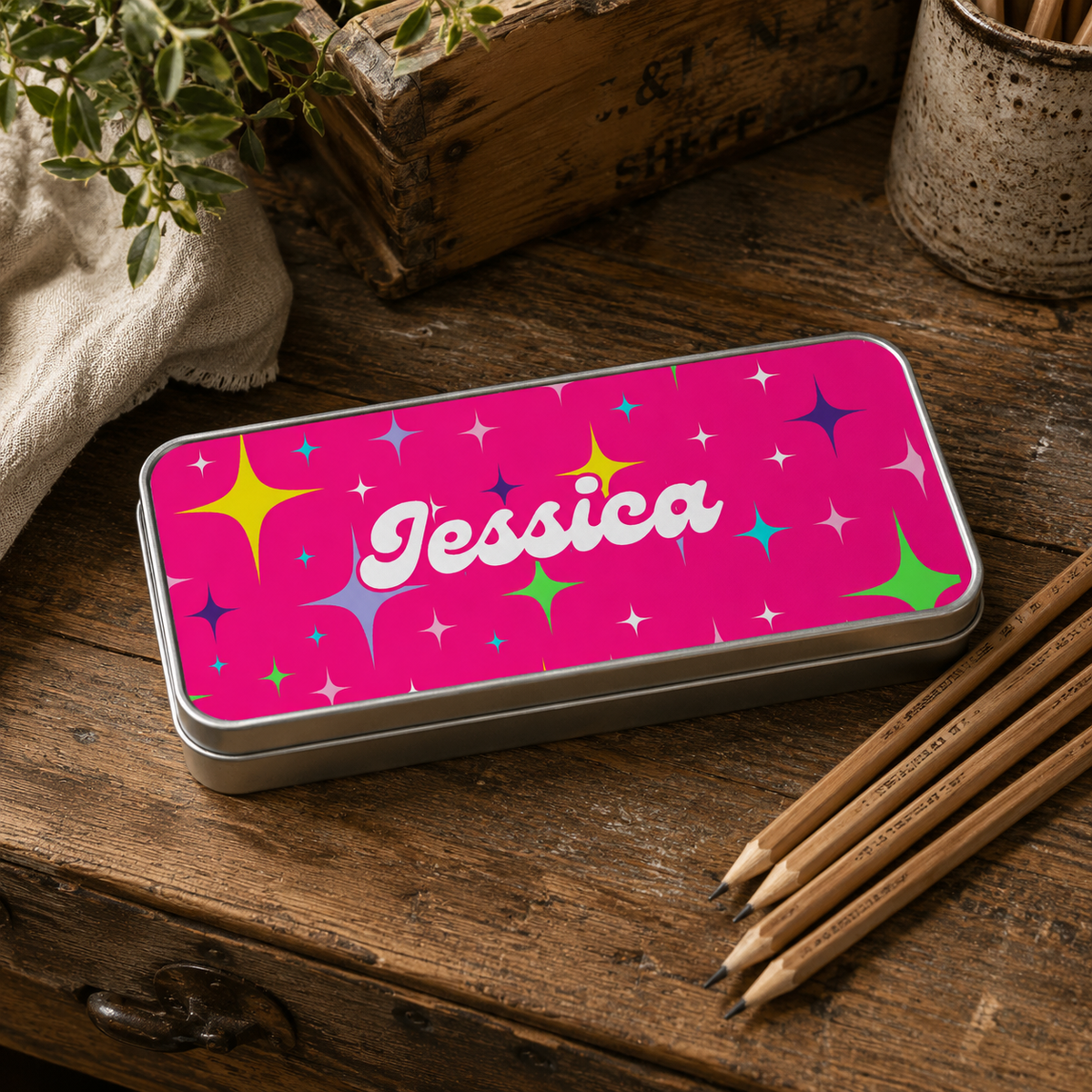 Personalised Metal Pencil Tin Neon Stars