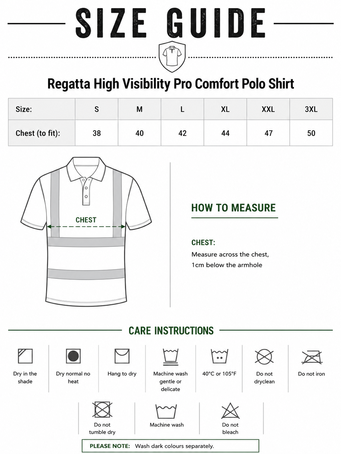 Size guide for Regatta High Visibility Pro Comfort Polo Shirt