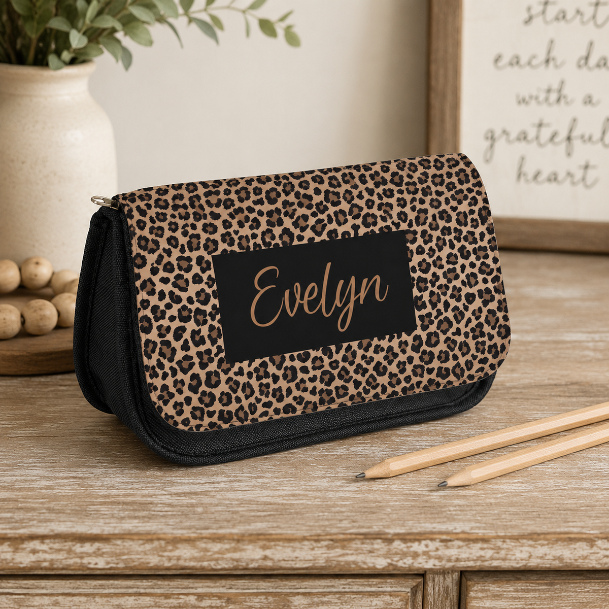 Personalised Canvas Pencil Case Leopard Print