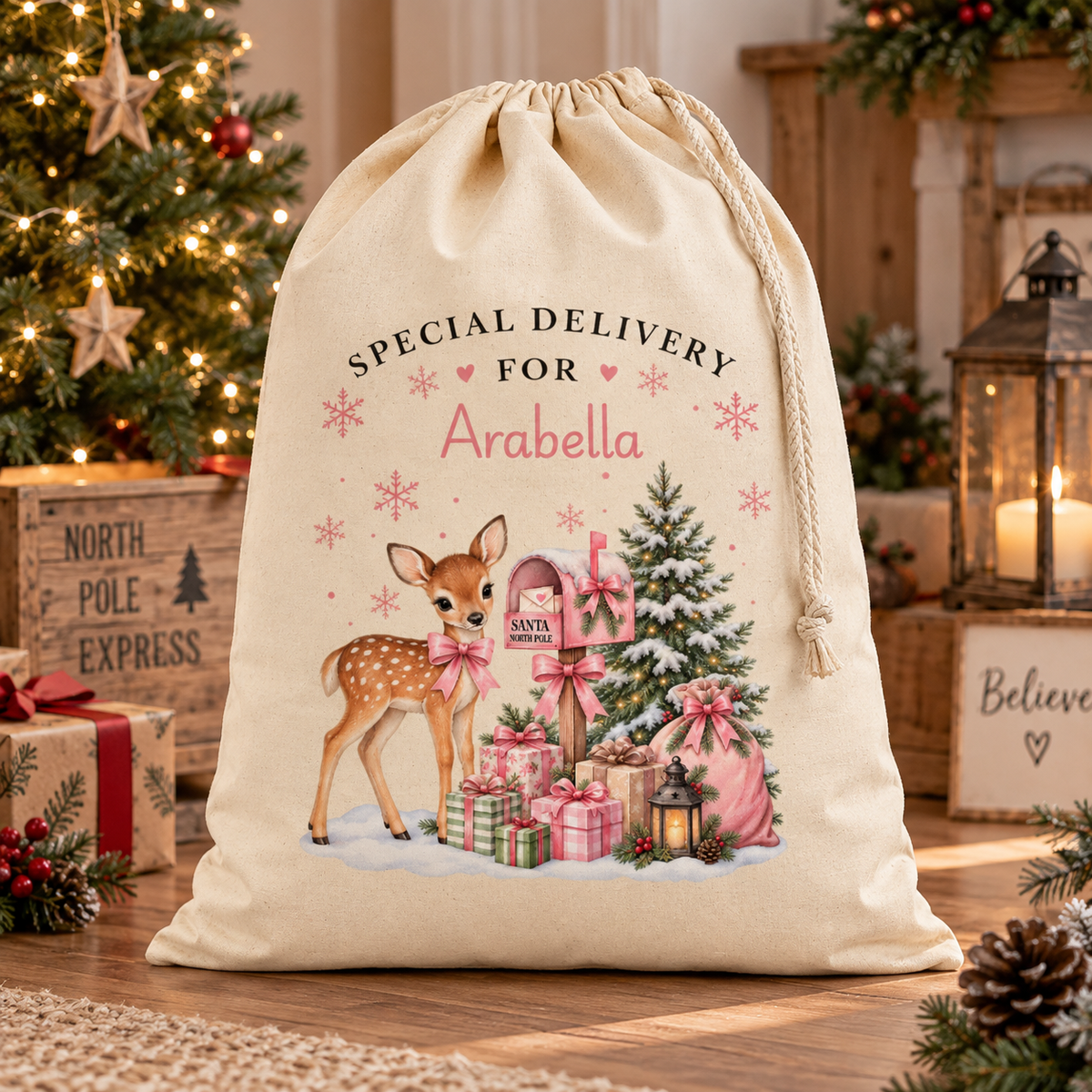 Personalised Special Delivery Christmas Sack – Pink Reindeer