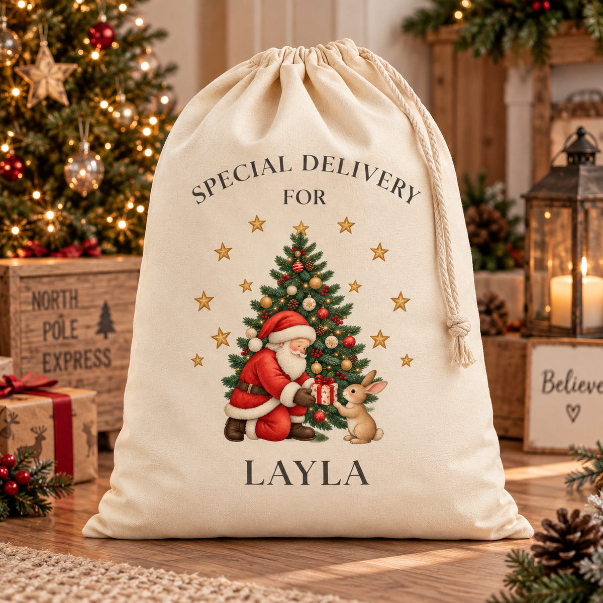 Personalised Special Delivery Christmas Sack – Santa & Bunny