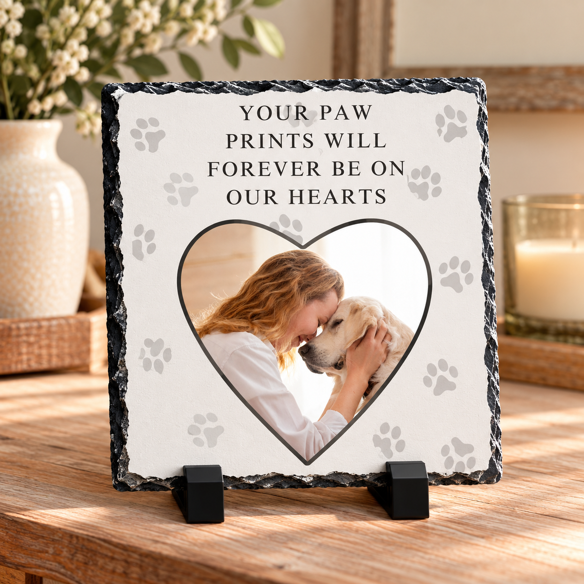 Personalised Pet Memorial Photo Slate – “Your Paw Prints Will Forever Be on Our Hearts” – 20 × 20 cm