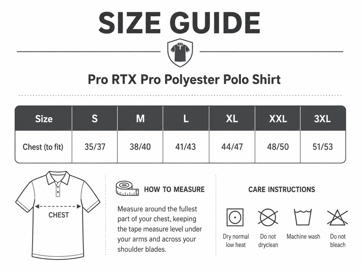 Size guide for RTX Pro Polyester Polo Shirt