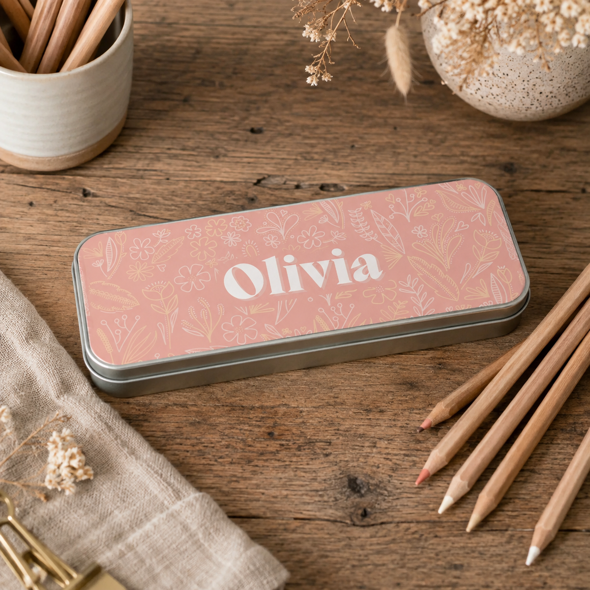 Personalised Metal Pencil Tin Pink Floral