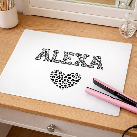 Leopard Print Heart  Personalised Heat Resistant Styling Mat