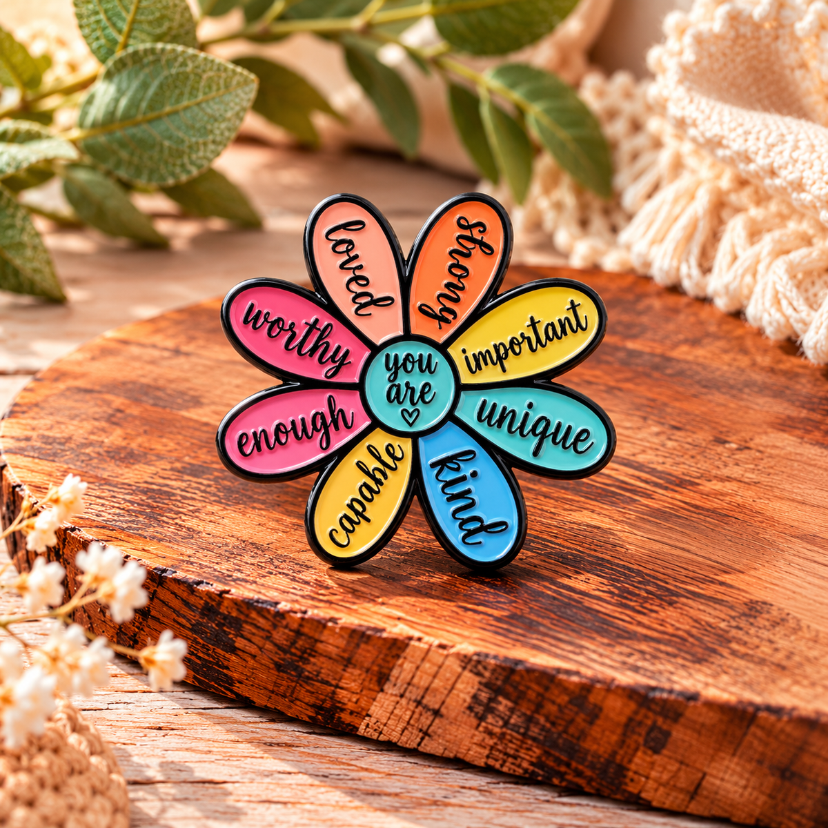 You Are Enough – Colourful Positive Affirmations Flower Enamel Pin Badge 🌸
