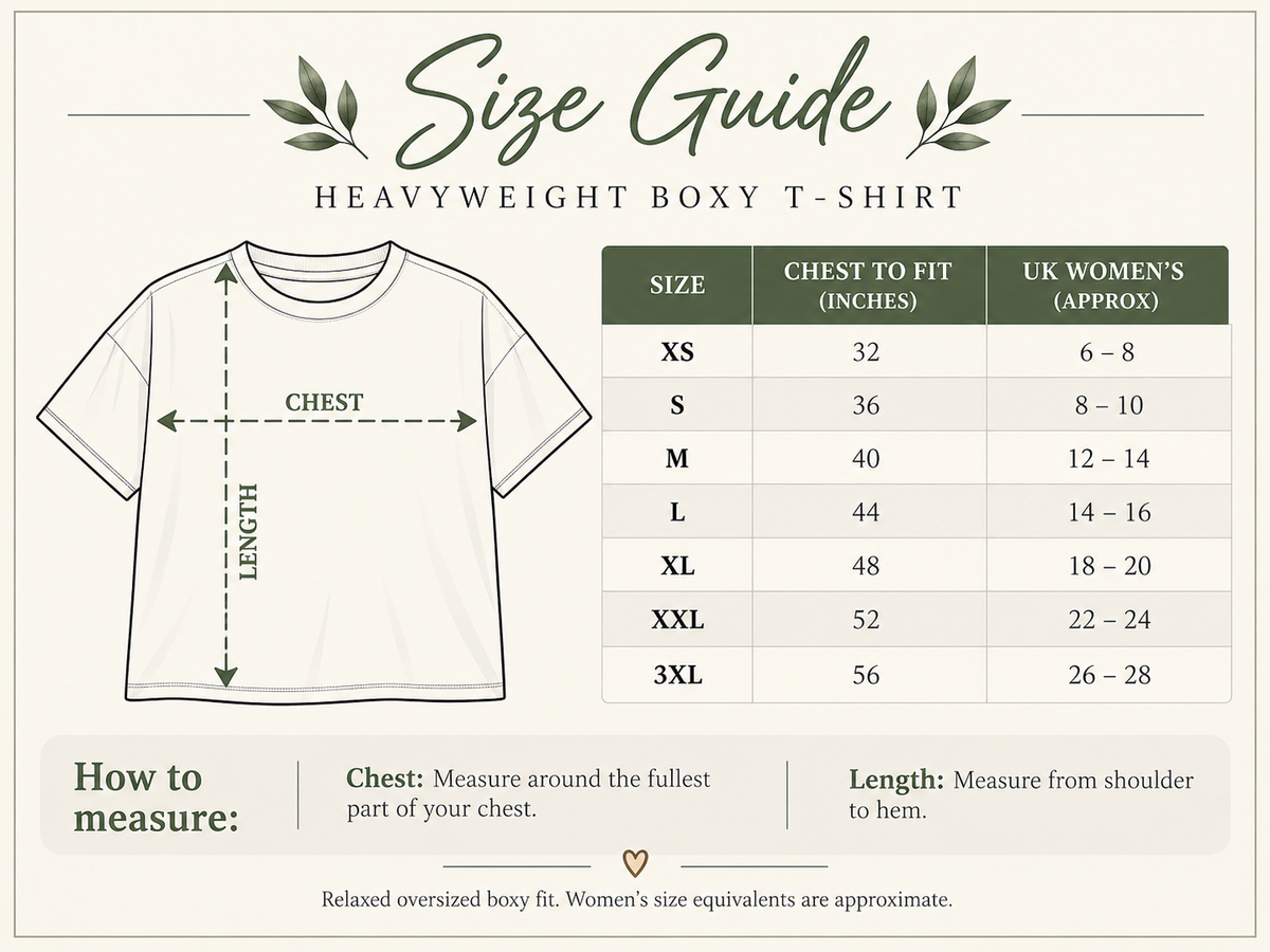 Size guide for 90s Babe – Heavyweight Oversized Boxy T-Shirt