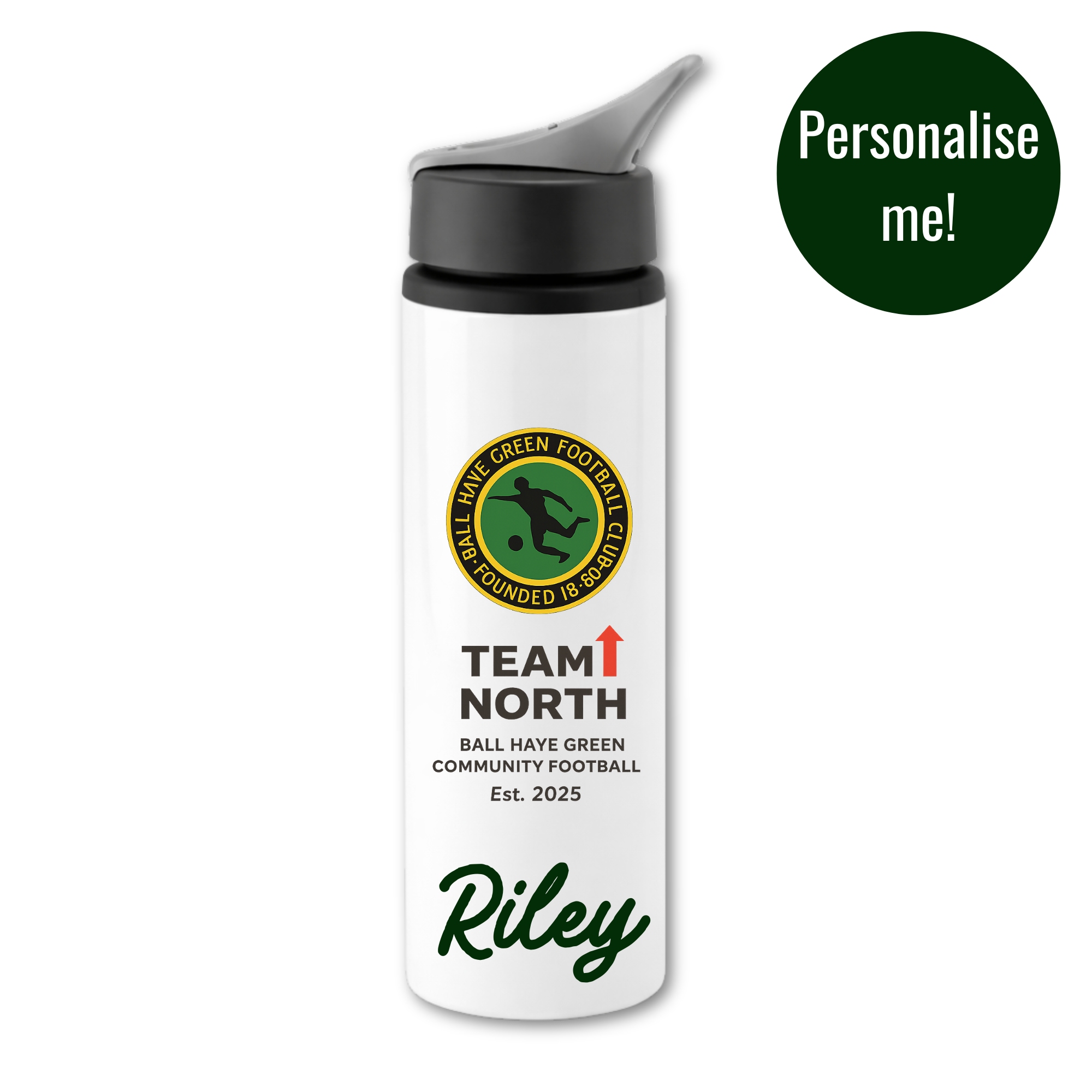 Ball Haye Green Team North -  Personalised 750ml Water Bottle with straw
