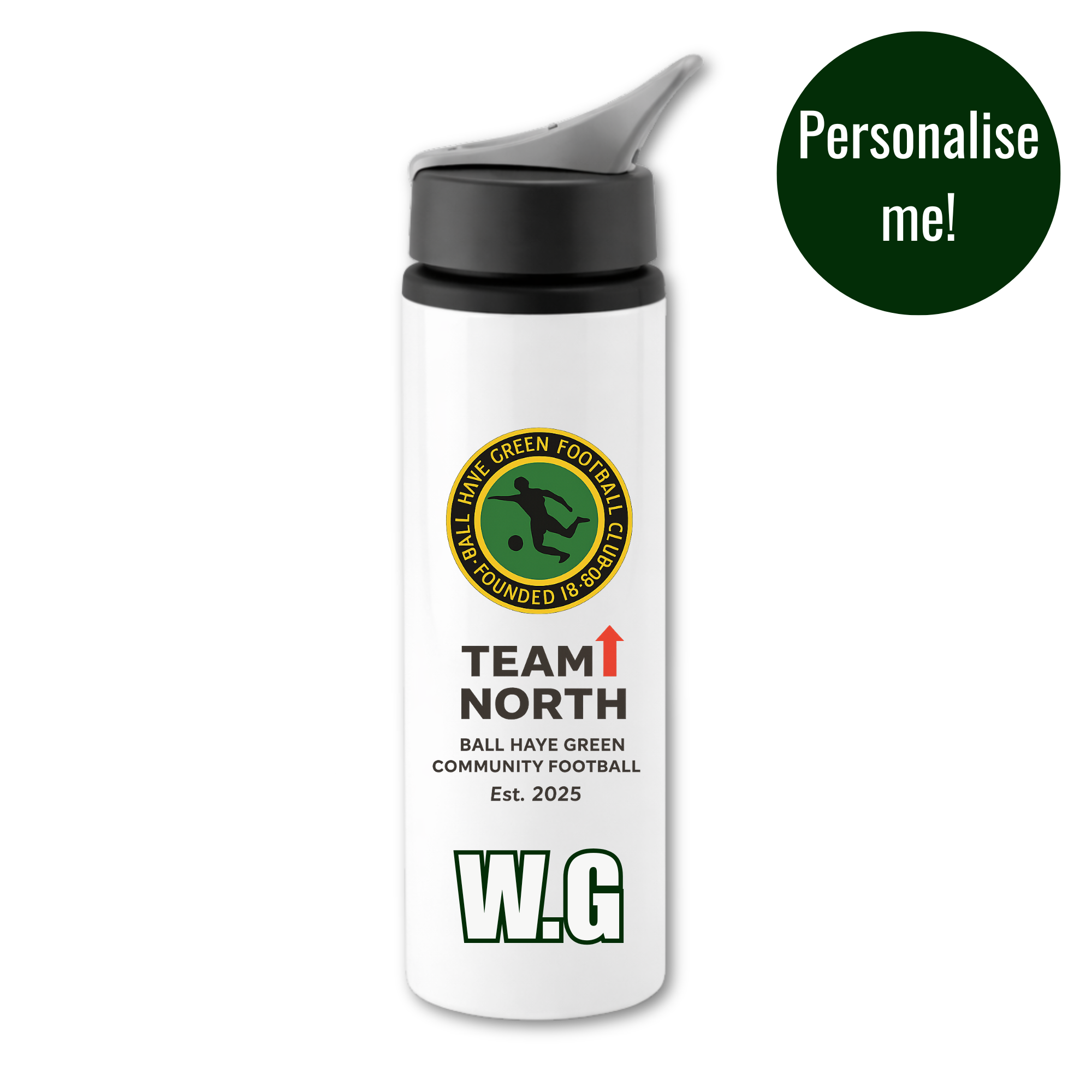 Ball Haye Green Team North -  Personalised 750ml Water Bottle with straw