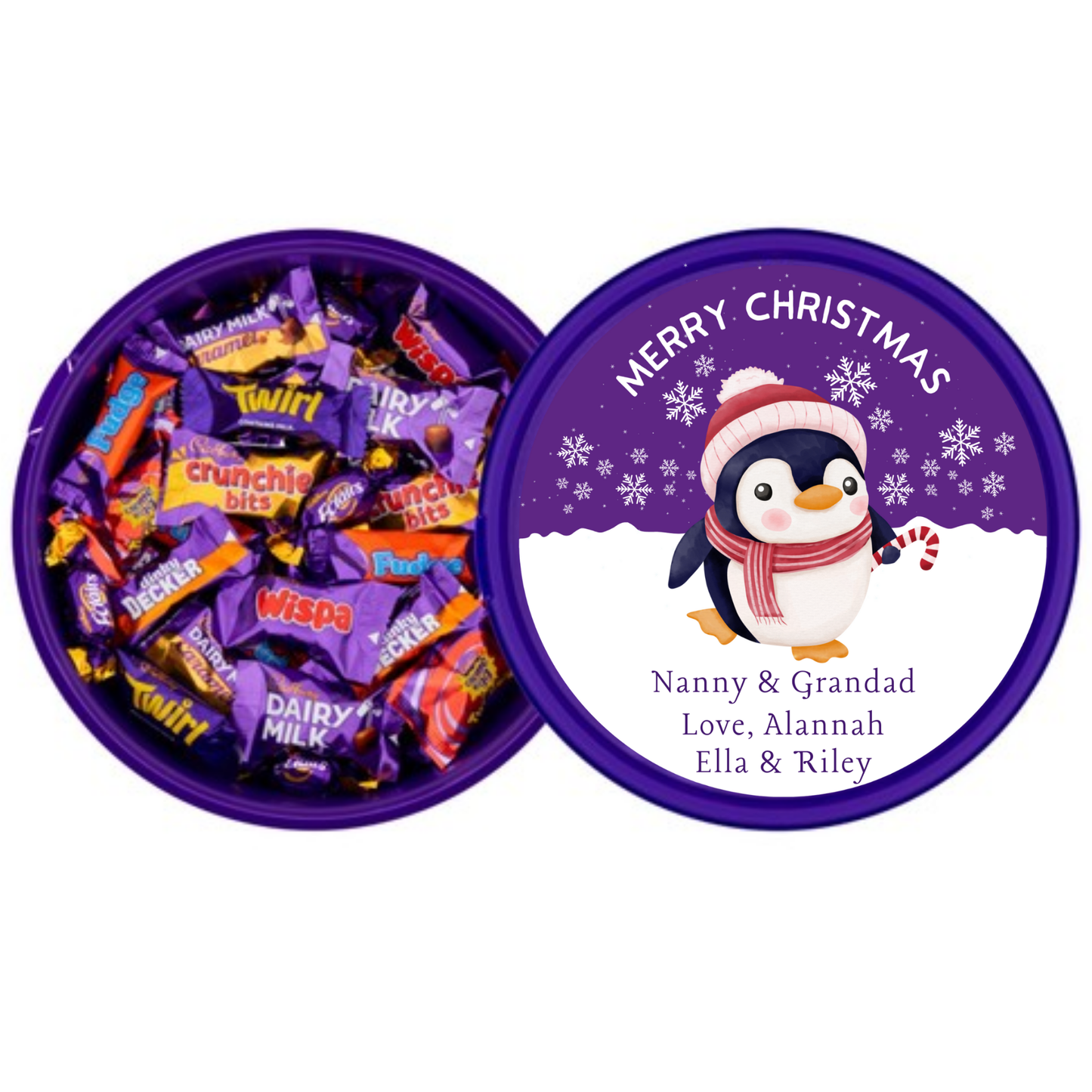Personalised Christmas Chocolate Tub Label - Purple Penguin