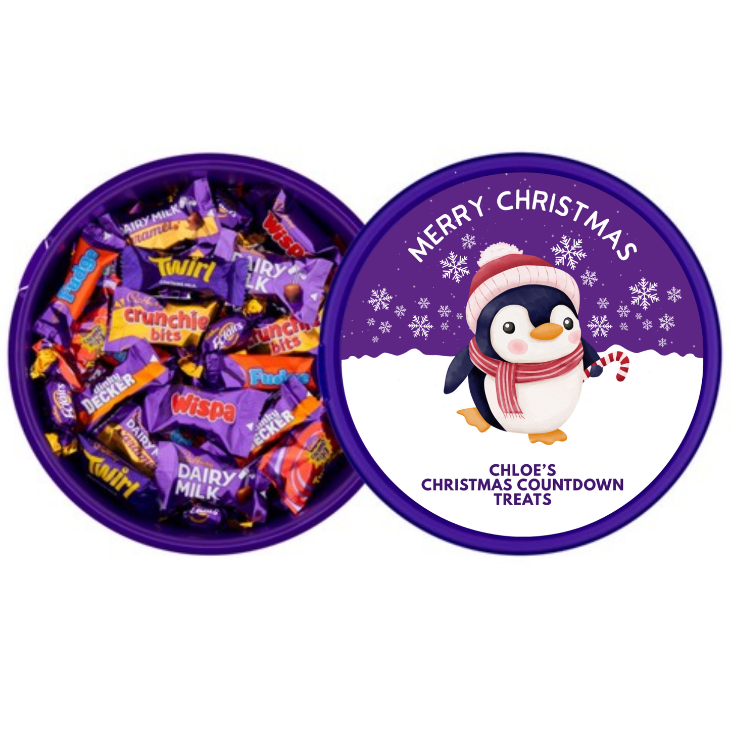 Personalised Christmas Chocolate Tub Label - Penguin Countdown Treats