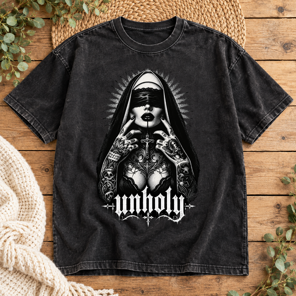 Unholy Gothic Nun – Oversized Acid Wash T-Shirt