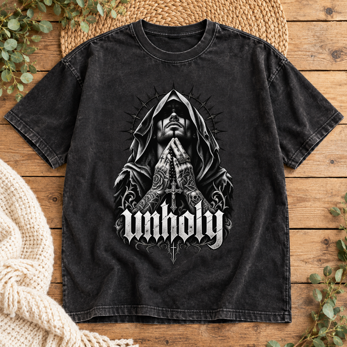 Unholy Gothic Prayer – Oversized Acid Wash T-Shirt