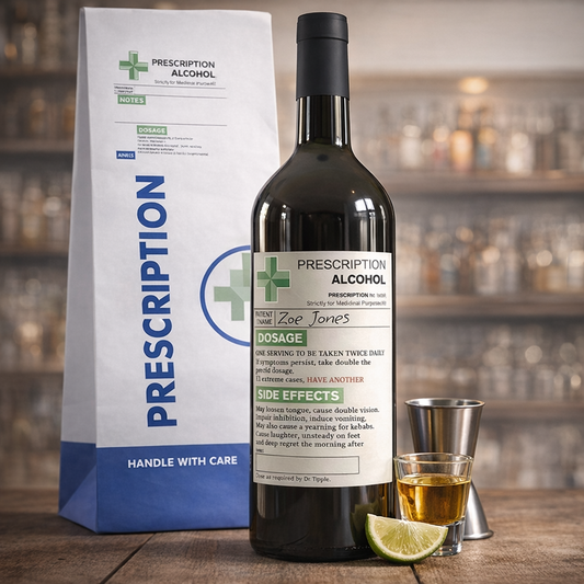 Alcohol Prescription Gift Set – Bottle & Gift Labels + Prescription Bottle Bag