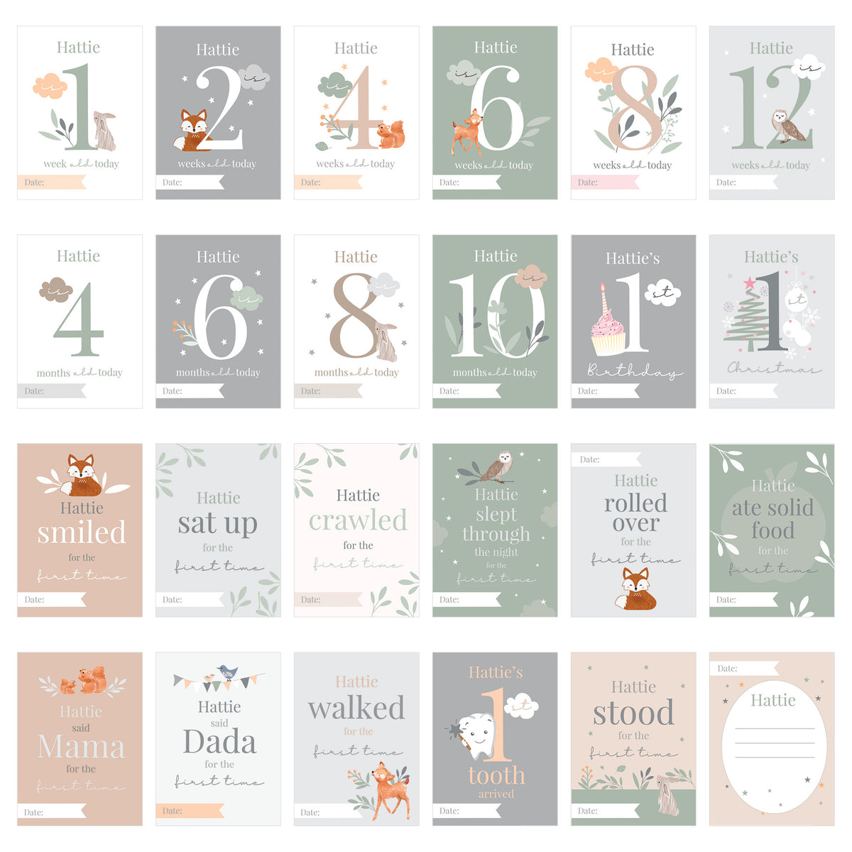Personalised Woodland Animals Baby Milestone Cards