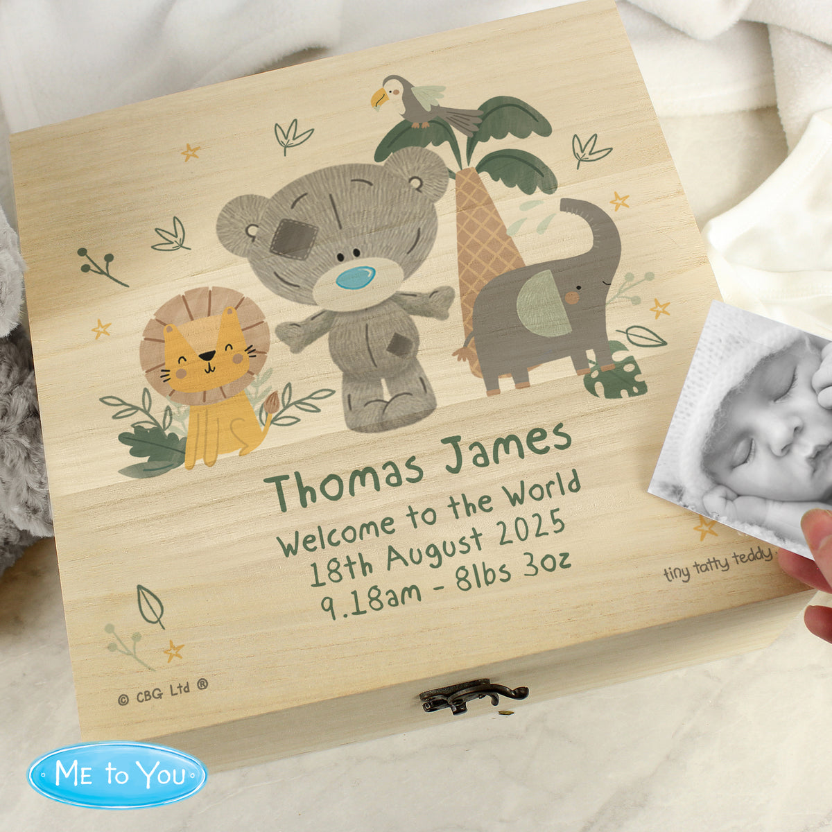 Personalised Tiny Tatty Teddy Jungle Animals Wooden Keepsake Box