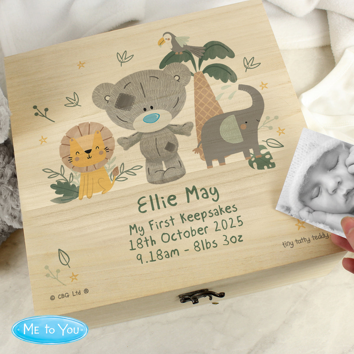Personalised Tiny Tatty Teddy Jungle Animals Wooden Keepsake Box