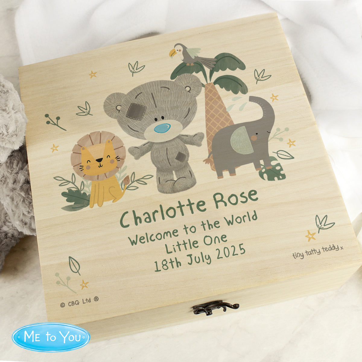 Personalised Tiny Tatty Teddy Jungle Animals Wooden Keepsake Box