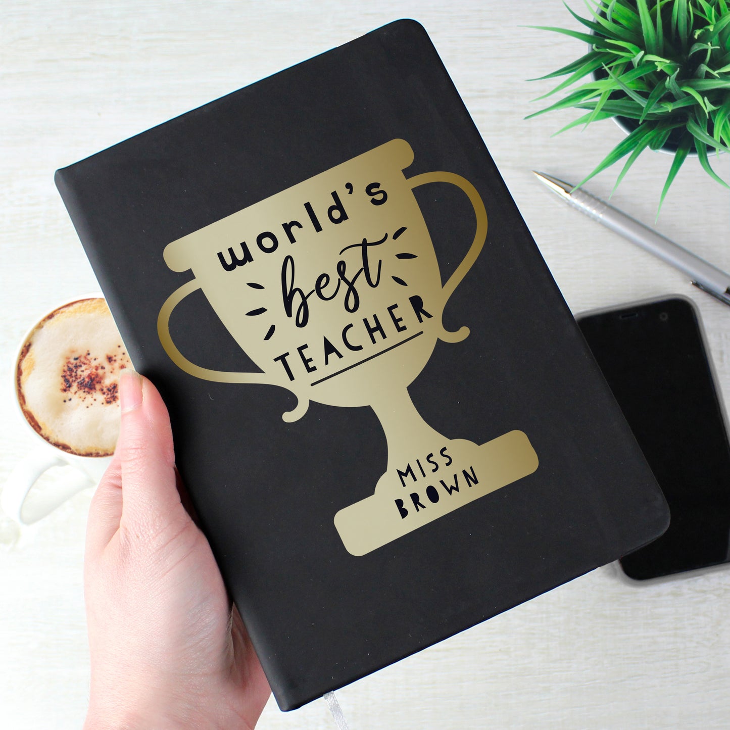 Worlds Best Teacher Trophy Black Hardback Notebook