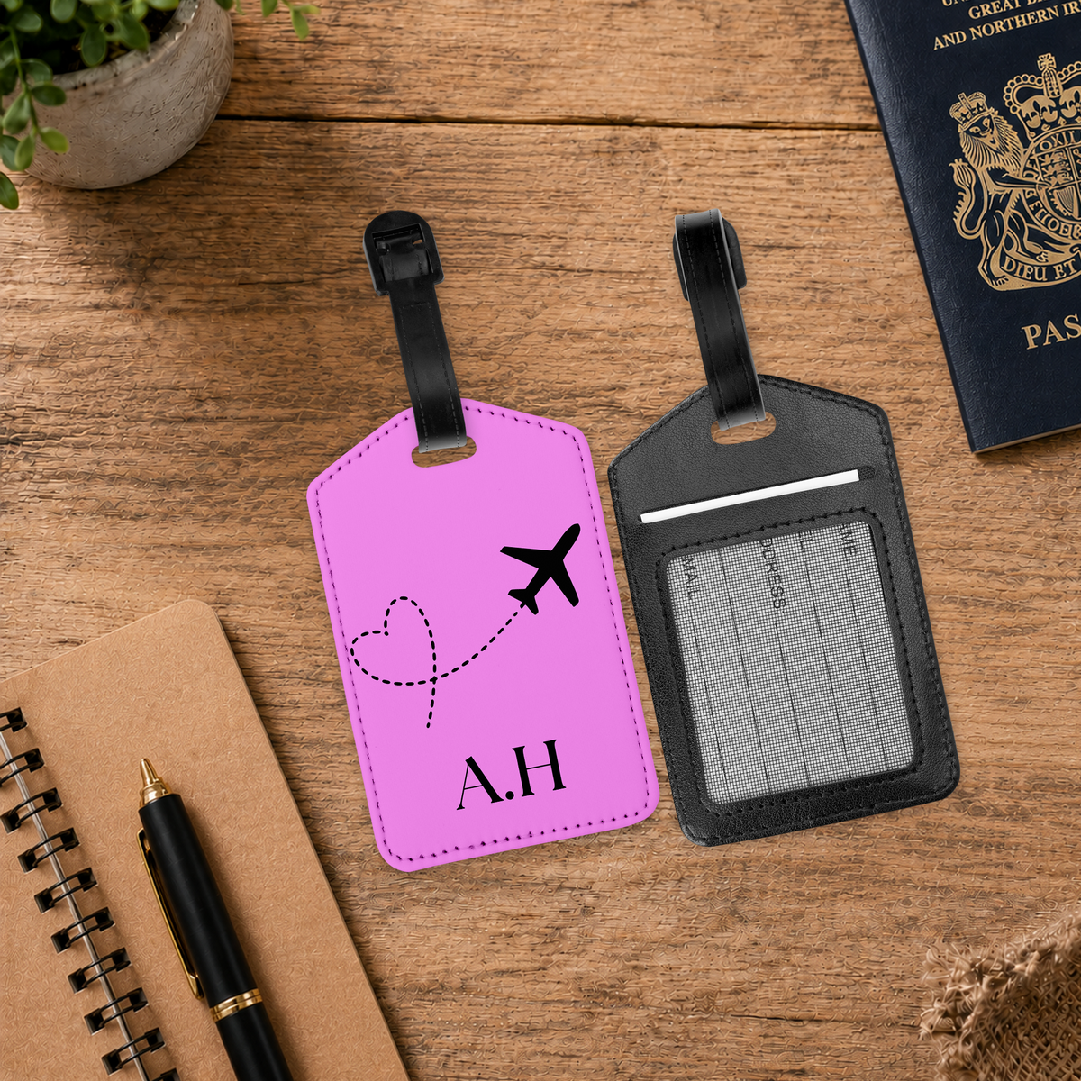 Personalised PU Leather Luggage Tag with ID Window - Solid Colour Initials