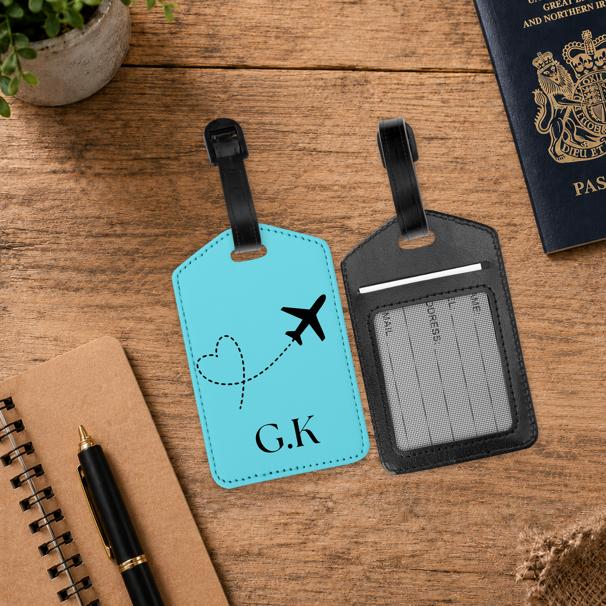 Personalised PU Leather Luggage Tag with ID Window - Solid Colour Initials