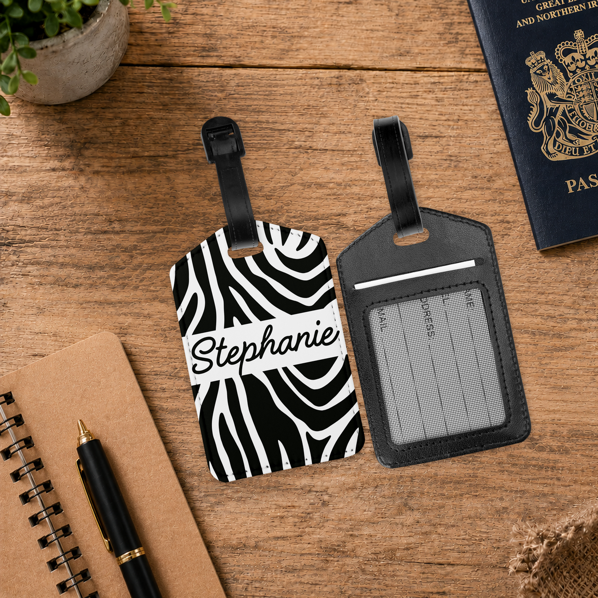 Personalised PU Leather Luggage Tag with ID Window - Zebra Print