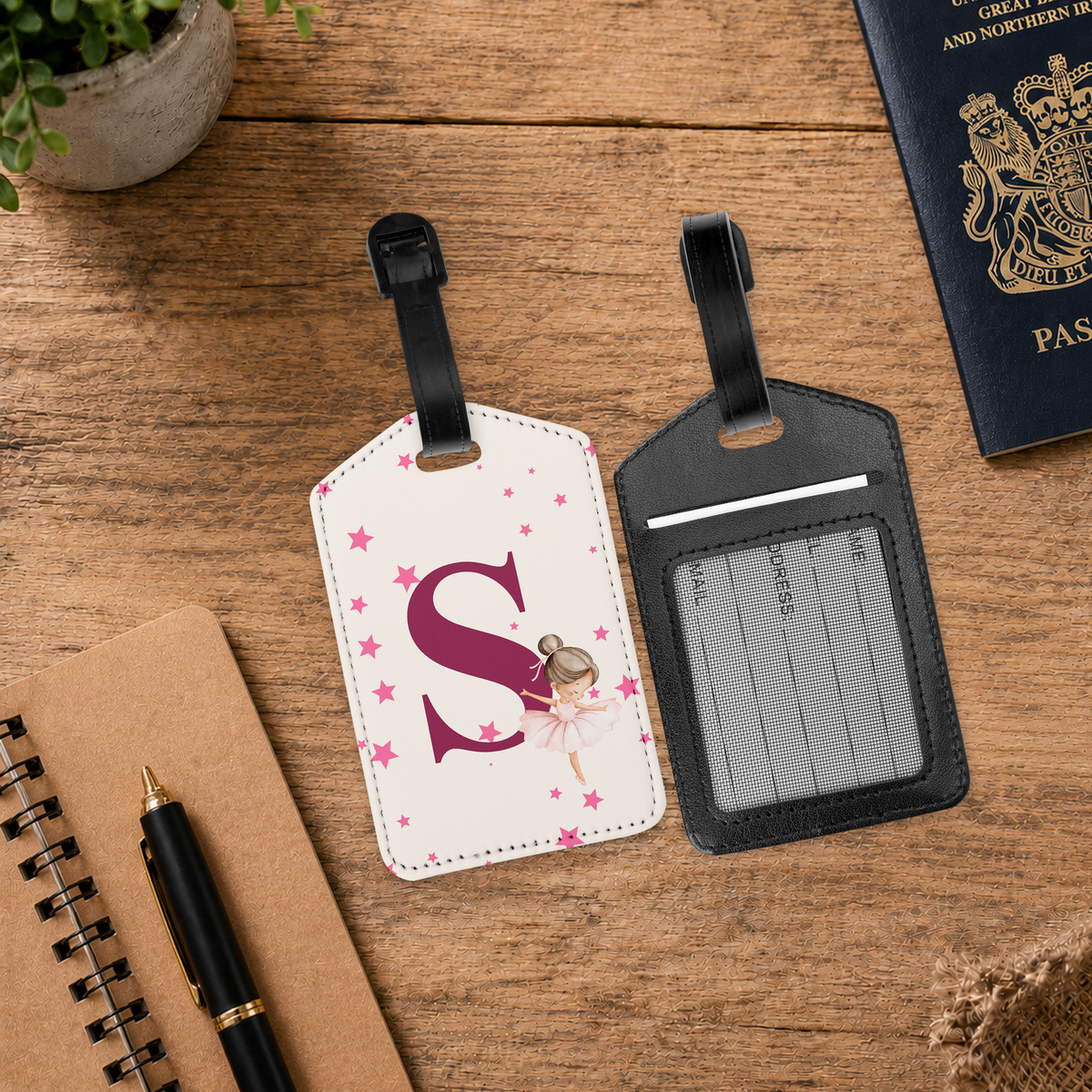 Personalised PU Leather Luggage Tag with ID Window - Ballerina Initial