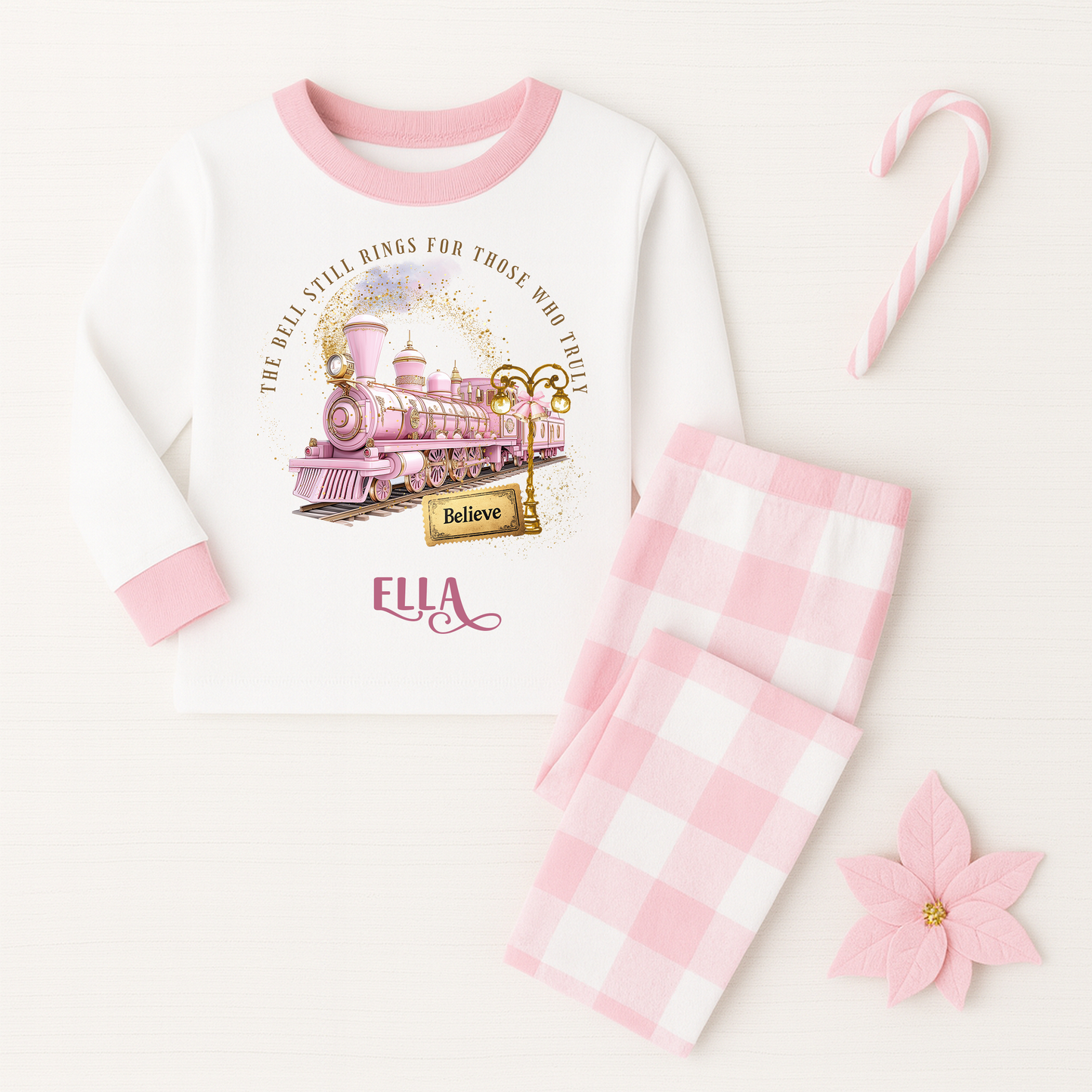 Personalised Polar Express - Pink Checked Pyjamas