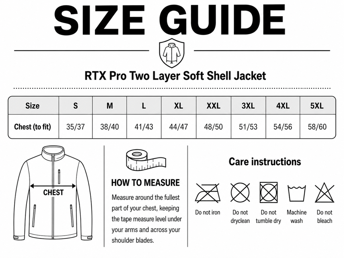 Size guide for RTX Pro Two Layer Soft Shell Jacket