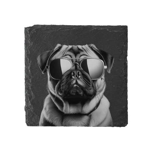 Pug - Sunglasses - Engraved Slate Coaster