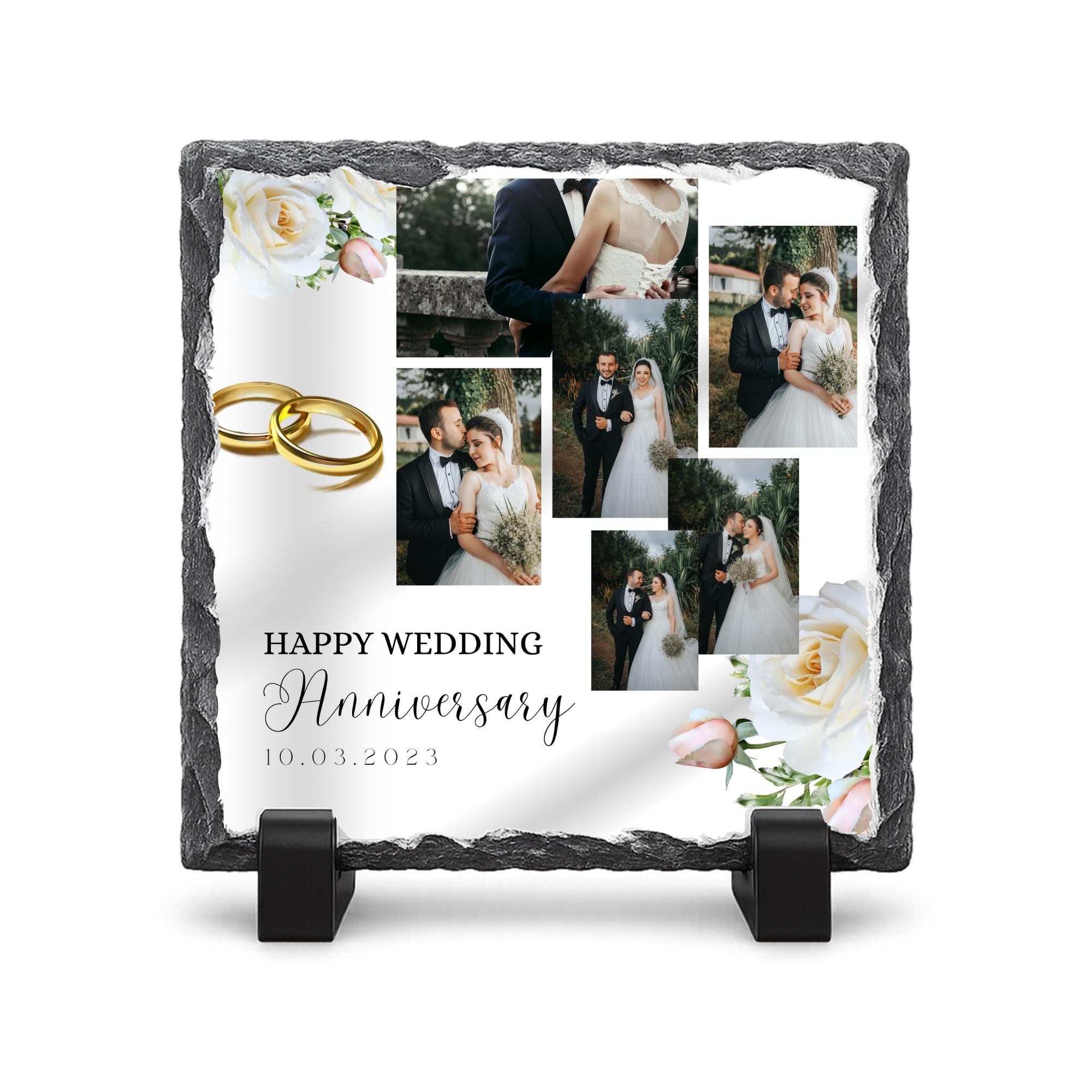 Personalised Happy Wedding Anniversary 6 Photo  - Gloss Rock Slate 20x20cm