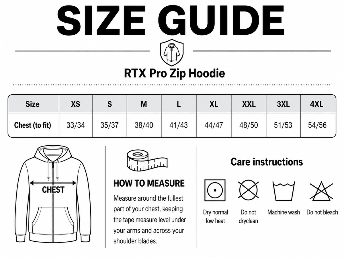 Size guide for RTX Pro Zip Hoodie