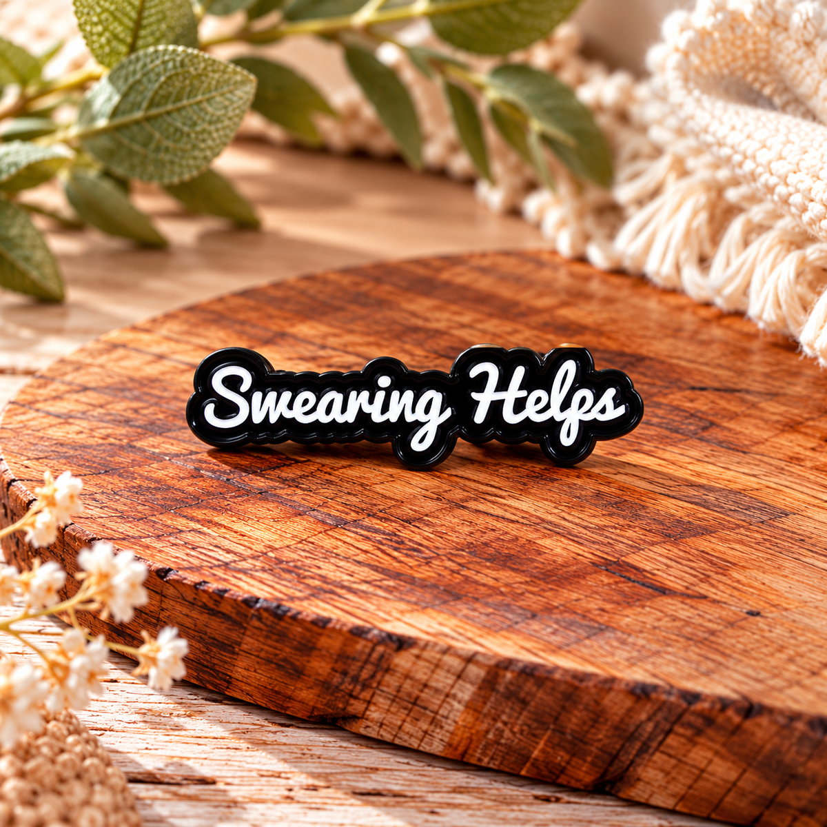Swearing Helps – Funny Sarcastic Black & White Enamel Pin Badge