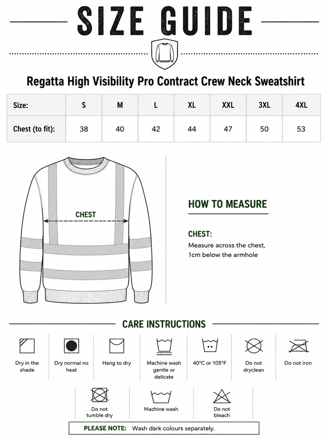 Size guide for Regatta High Visibility Pro Contract Crew Neck Sweatshirt