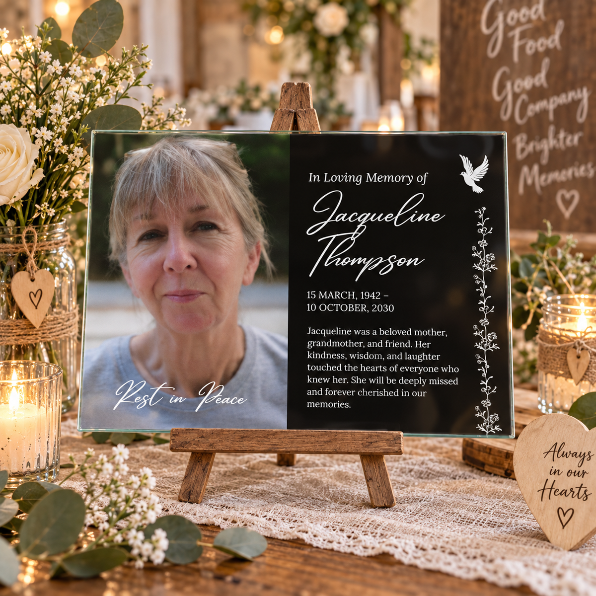 Personalised Black & White Memorial Wedding Glass Display Board