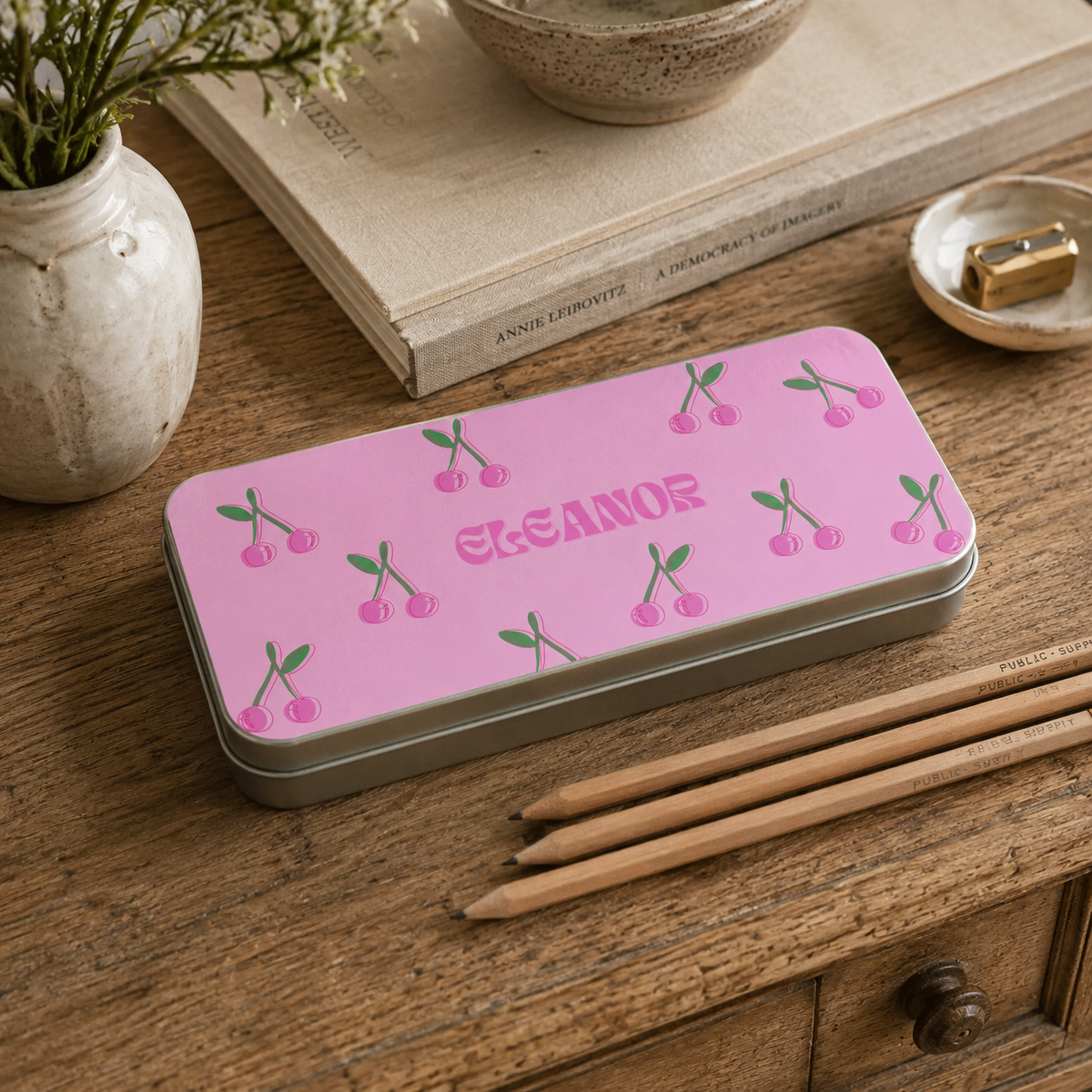 Personalised Metal Pencil Tin Cherry