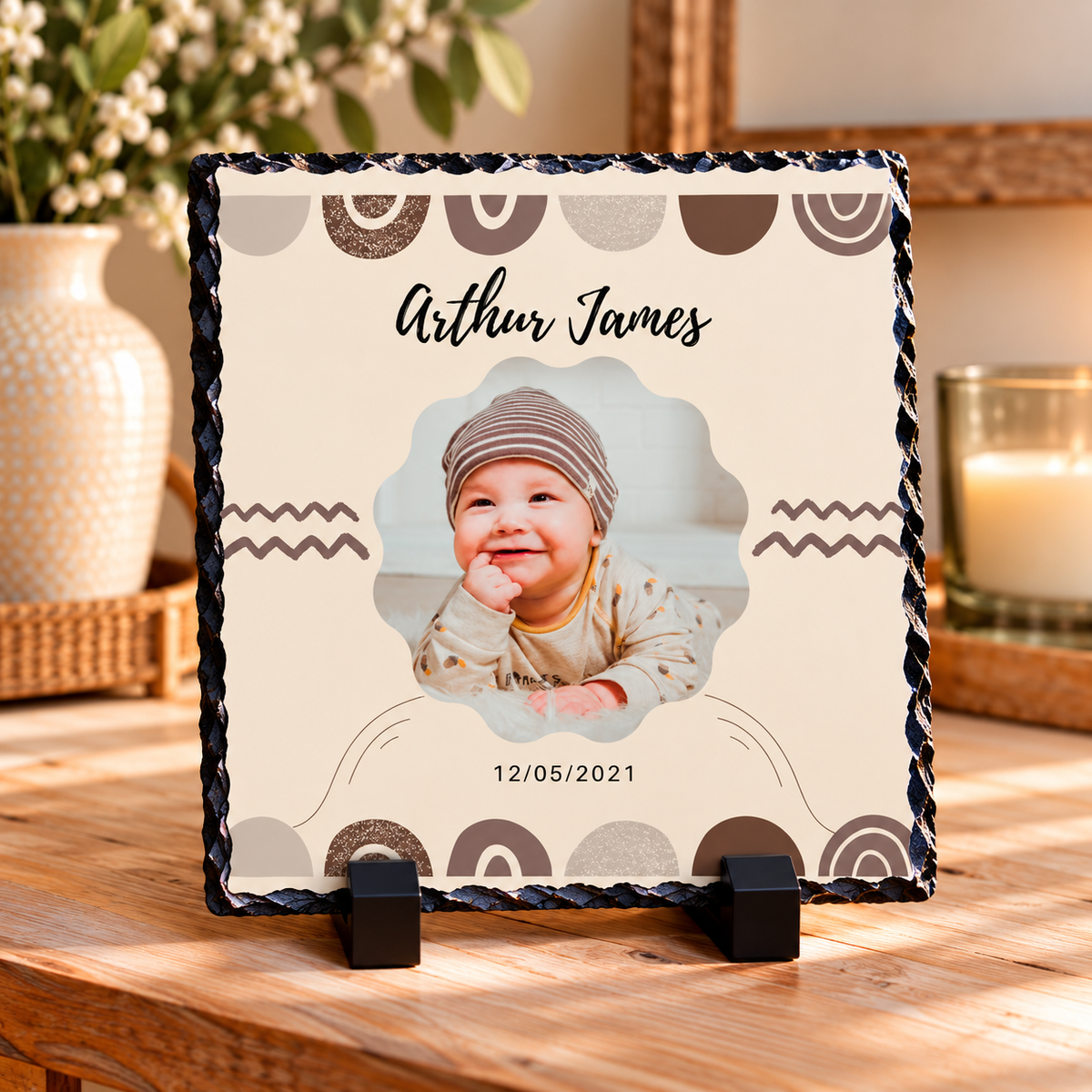 Personalised Baby Photo Slate – Neutral Boho Rainbow Design – 20 × 20 cm
