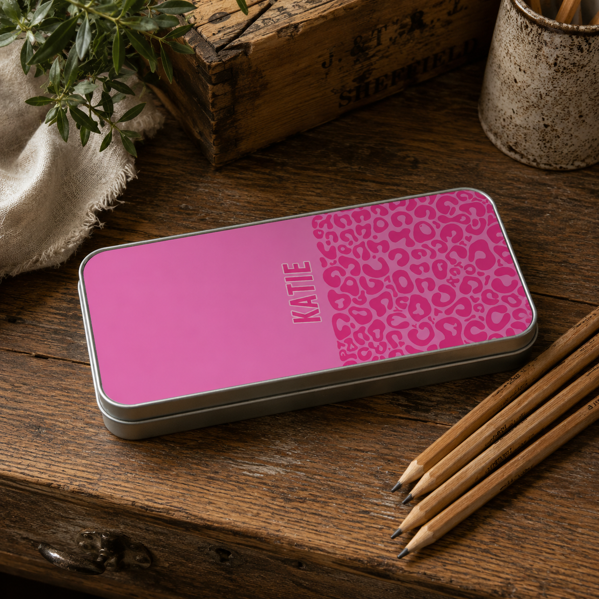 Personalised Metal Pencil Tin Pink Leopard Print