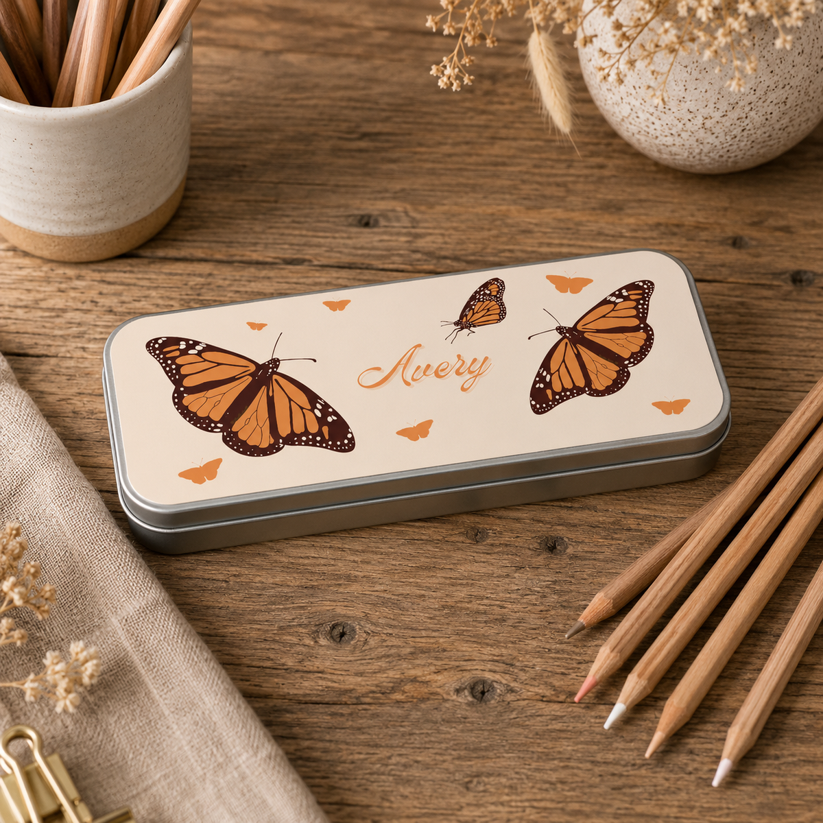 Personalised Metal Pencil Tin Butterfly