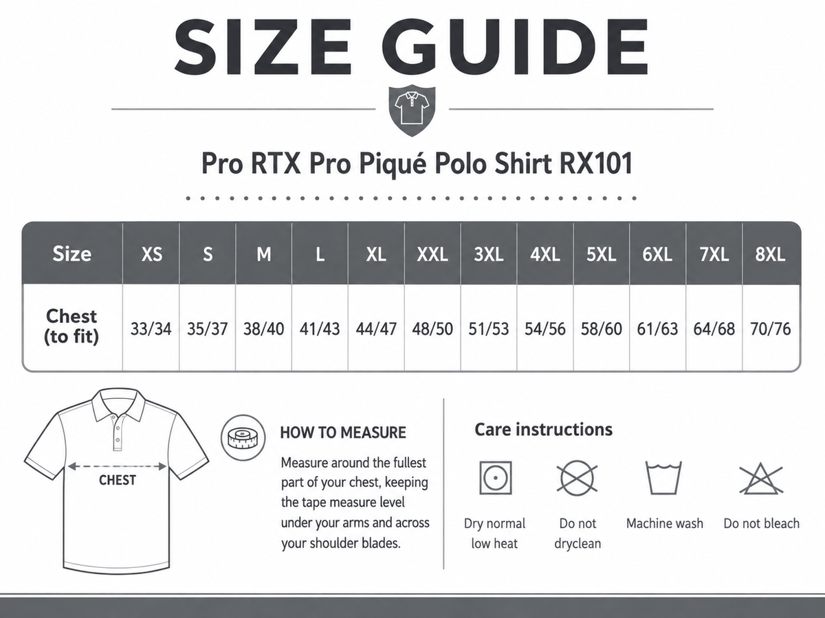 Size guide for RTX Pro Piqué Polo Shirt