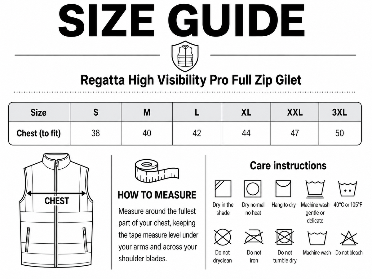 Size guide for Regatta High Visibility Pro Full Zip Gilet