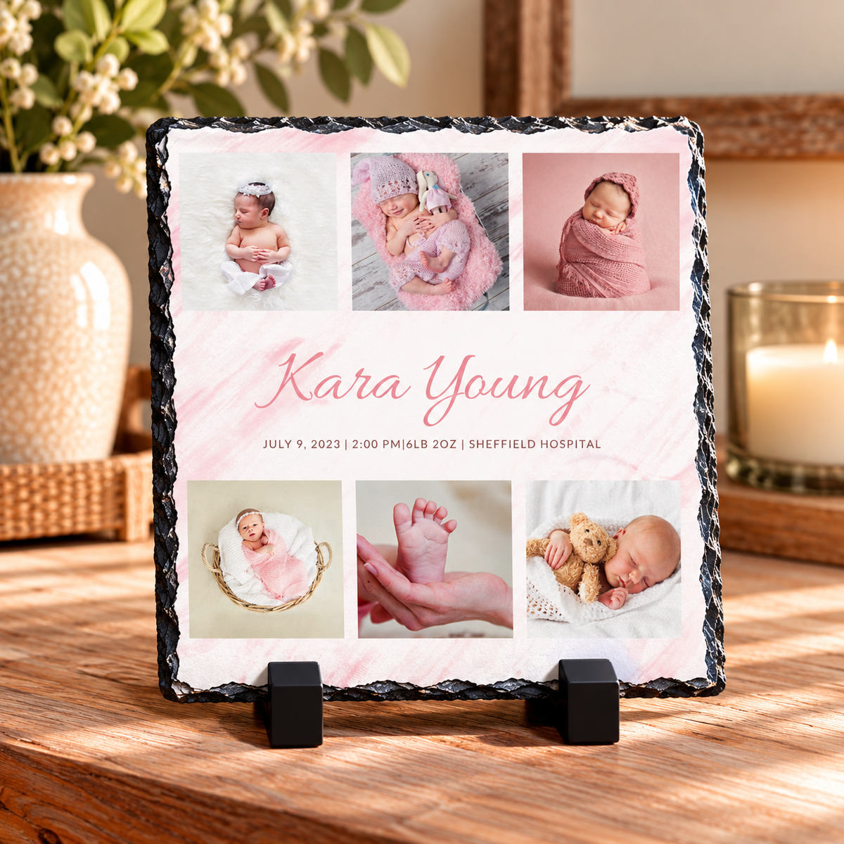 Personalised Pink Baby Birth Photo Collage Slate – 6 Photos & Birth Details – 20 × 20 cm