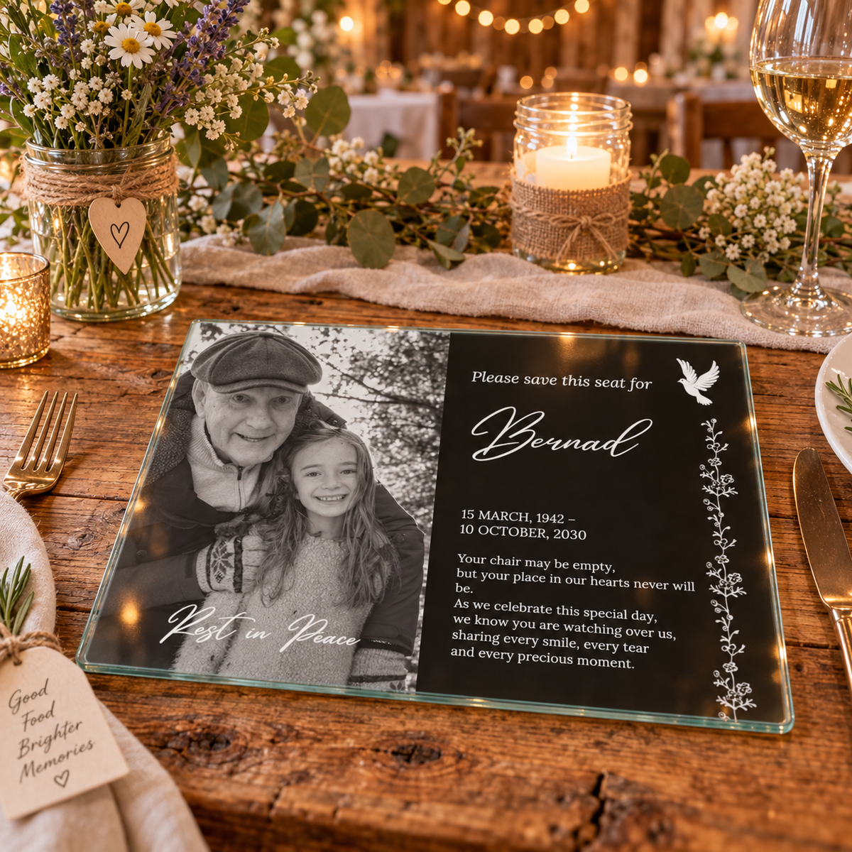 Personalised Black & White Save This Seat Memorial Wedding Glass Board