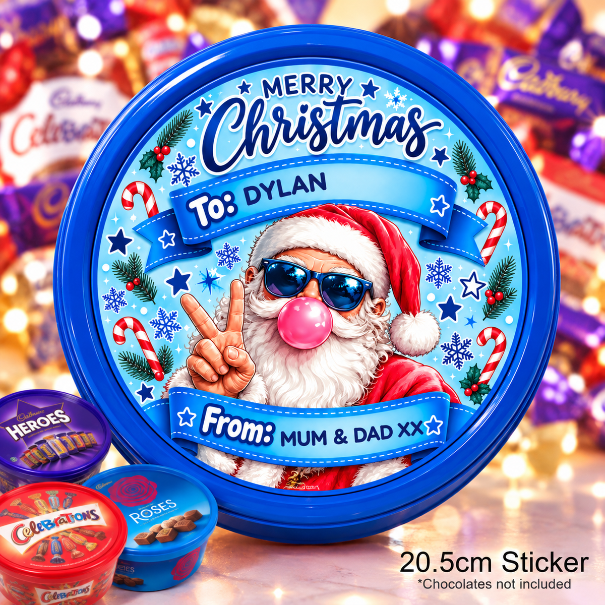 Personalised Christmas Chocolate Tub Sticker – Blue Santa