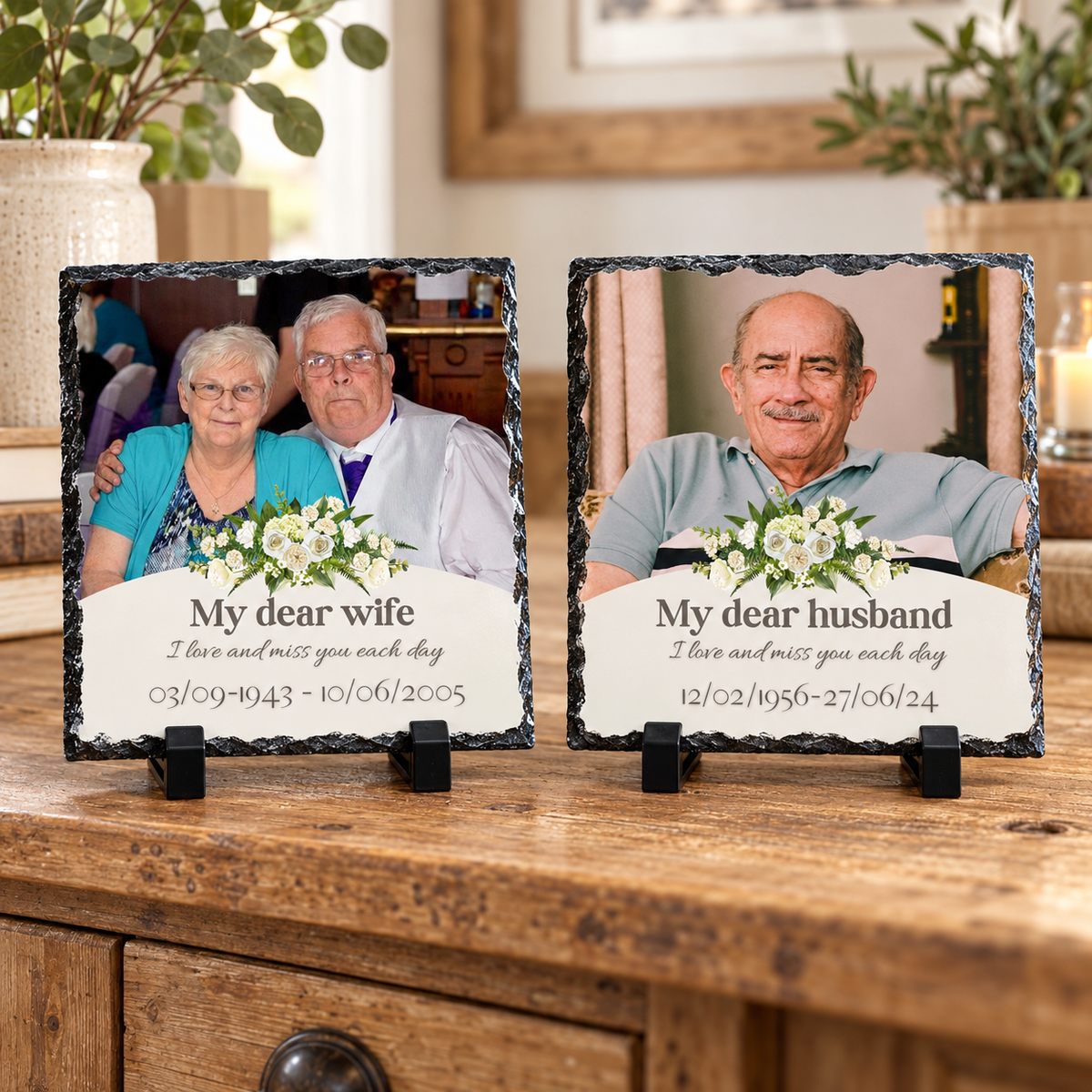 Personalised Memorial Photo Slate – Floral Tribute Design with Custom Wording – 20 × 20 cm