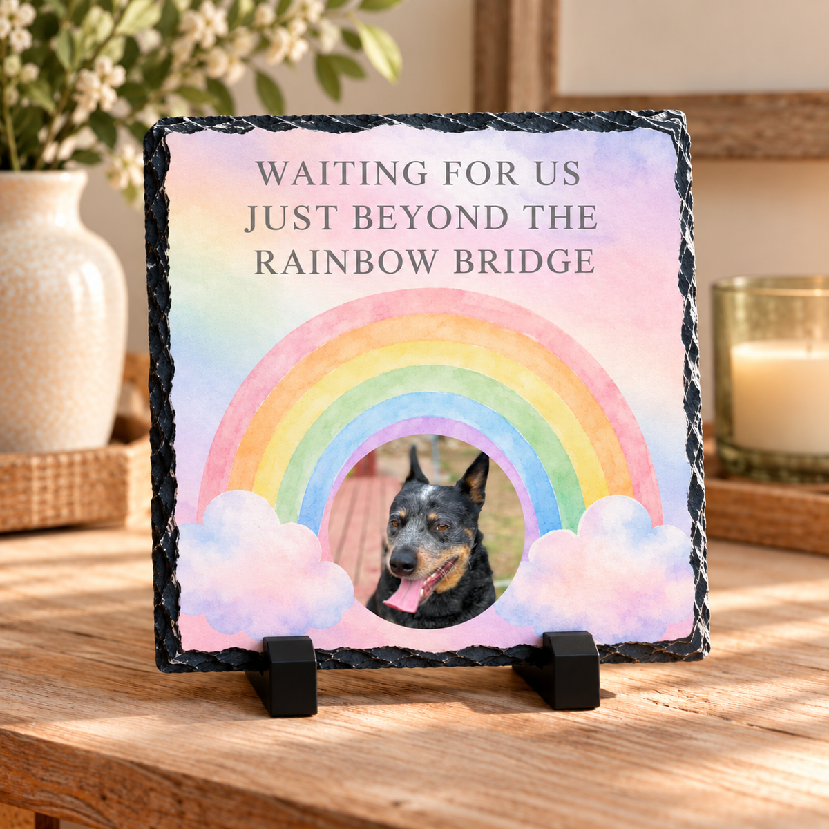 Personalised Pet Memorial Photo Slate – “Waiting for Us Just Beyond the Rainbow Bridge” – 20 × 20 cm