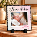 Personalised Baby Photo Slate – Soft Pink Hearts Design with Name – 20 × 20 cm